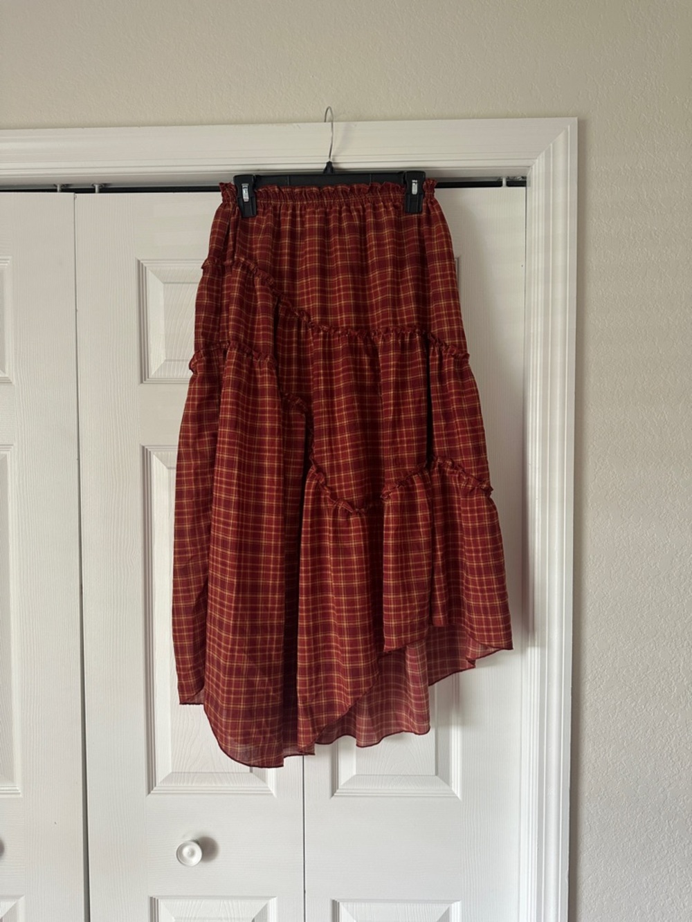 Blu Pepper Plaid Asymmetrical Tiered Skirt - Burnt Red